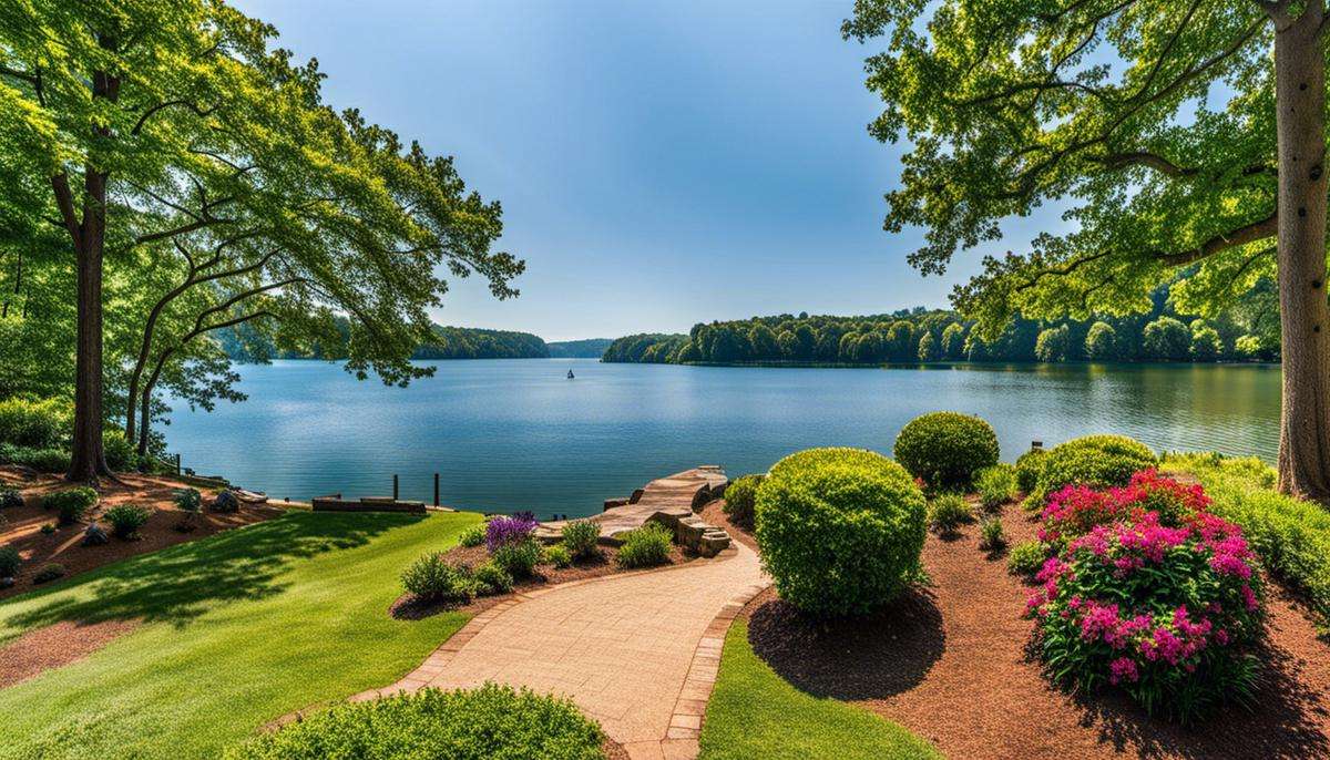 A serene view of Lake Lanier surrounded by lush greenery and clear blue waters. Couples getaways in Georgia.